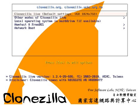Der Boot-Screen v​on Clonezilla