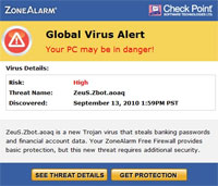 ZoneAlarm - Zeus.Zbot.aoaq Meldung